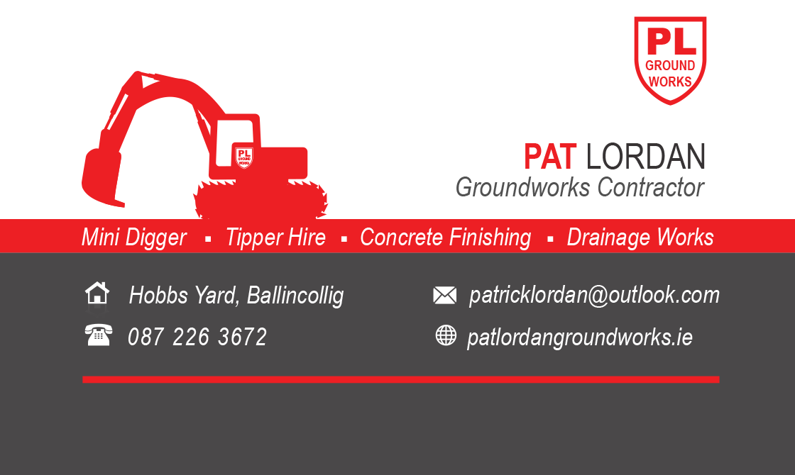 Pat Lordan Groundworks logo and contact information for digger hire